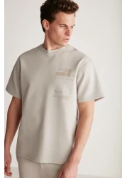 GRIMELANGE Cody Men's - Gray Organic Cotton T-Shirt, Embroidery and Printed, Thick Fabric Regular Fit