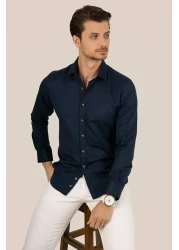 Etikmen قميص رجالي - أزرق داكن، Slimfit، أزرار بنية، صندوق هدايا