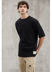 GRIMELANGE Joel Men's 100% Organic Cotton Thick Fabric Oversize Black T-Shirt with Special Textured Label Detail