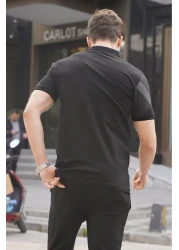 Madmext تي شيرت أسود منقوش بياقة بولو للرجال 6081