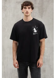 GRIMELANGE Bowen Men's 100% Cotton Crew Neck Printed Detailed Black T-shirt
