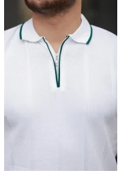 Miron White Honeycomb Textured Zippered Polo Neck Knitwear Short Sleeve T-Shirt 2511