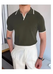 Moderk تي شيرت رجالي منسوج بياقة بولو من Old Money مع تفاصيل خط أبيض، مقاوم للعرق، مقاوم للوبر