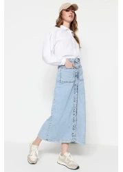  Collection High Waist Double Pocket Light Blue Maxi Denim Jeans Skirt - Tctss23Ee00002