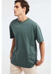 GRIMELANGE Jett Men's Oversize Fit 100% Organic Cotton Thick Textured Crew Neck Dark Green T-Shirt