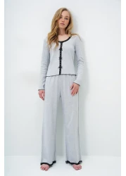 Trend Alaçatı Stili Grimelanj Wide Collar Scallop Detailed Bow Embroidered Blouse and Palazzo Pants Pajamas Suit Alc-X14066