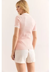 Olalook Women's Salmon White Polo Neck Color Detailed Stretchy Cotton Blouse Blz-19002920