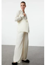  Collection Beige Belted Piping Detailed Double-Breasted Viscose Maternity Woven Pajamas Set Thmaw22Pt1109