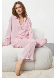  Collection Pink Ruffle Pocket Detailed Viscose Woven Pajamas Set Thmaw25Pt00146