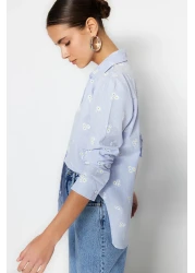  Collection Cotton Oversize Floral Patterned Blue Striped Shirt - TWOSS23GO00373