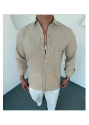 DEFES قميص رجالي من الكتان المطرز مقاس كبير