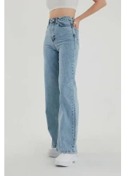 lamelif Super High Waist Lycra Dessin Light Blue Jeans - Palazzo Loose Leg