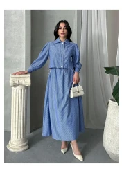 MD trend فستان بوليرو مخطط للسيدات - طقم مكون من قطعتين