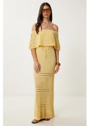 Lovelyİstanbul Carmen Collar Openwork Summer Knitwear Dress Yellow Lki̇0031