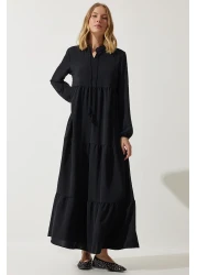 Happiness İstanbul Women's Black V-Neck Long Ayrobin Dress DD01315