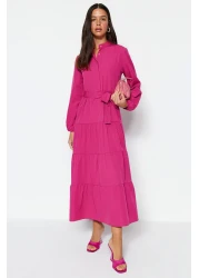  Modest Dark Pink Belted Chief Collar Button Detail Woven Dress TCTSS21EL3343