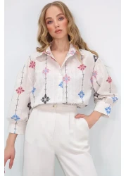 Trend Alaçatı Stili Women's Beige-Lilac Princess Floral Print Flamed Linen Woven Shirt Alc-X10398