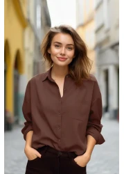  Collection Brown Single Pocket Boyfriend/Wide Fit Cotton Woven Shirt TWOAW20GO0115