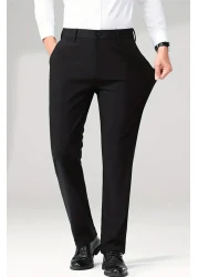 MY WEST بنطلون رجالي من القماش الأسود المستقيم عالي الجودة من قماش الليكرا المرن بطول الكاحل