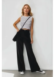  Collection Black High Waist Wide Leg/Wide Leg Pleated Woven Fabric Pants Twoaw21Pl0076