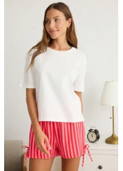  Collection White-Pink 100% Cotton Striped Lacing Detail Shorts Knitted Pajamas Set Thmss25Pt00145