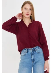 armonika Women's Burgundy Long Sleeve Blouse with Ruffle Detail on the Collar and Elastic Sleeves Arm-25K 001030