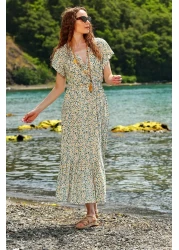 Trend Alaçatı Stili Women's Mint Floral Patterned Double Breasted Maxi Dress ALC-X4373