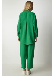 Happiness İstanbul Women's Green Linen Shirt Baggy Trousers Set DZ00080