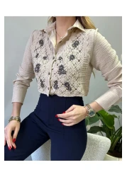 jöns since 1997 Women's Front Guipure Vest Design Stone Linen Shirt