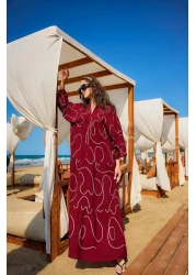 LOCCO Women's Gold Stitching Detailed Dress Burgundy