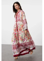  Modest Viscose Woven Burgundy Floral Patterned Dress - TCTSS24EB00221