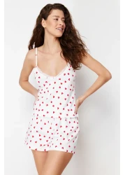  Collection White 100% Cotton Heart Lace String Straps Knitted Pajama Set with Shorts THMSS24PT00106