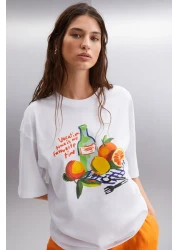 GRIMELANGE Nıtza Women - 100% Cotton Oversize White T-shirt, Crew Neck