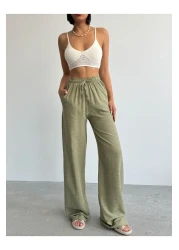 BEJNA Women's Khaki Linen Loose Cut Palazzo Trousers