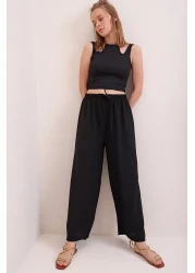 Trend Alaçatı Stili Women's Black Elastic Waist Relaxed Cut Aerobin Trousers