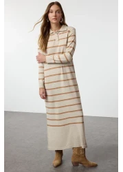  Modest Stone Polo Buttoned Neckline Striped Knitwear Dress Tctaw22Eb0212