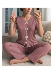 BELLA NOTTE V-Neck Cotton Bow Detailed Pajamas Set