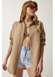 Happiness İstanbul Women's Beige Oversize Muslin Shirt with Pockets MX00150