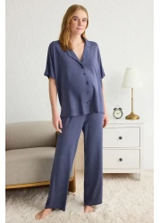  Collection Navy Blue Comfortable Fit Viscose Maternity Knitted Pajamas Set Thmss25Pt00165