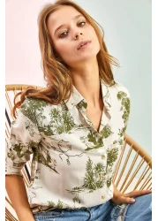 Bianco Lucci Women's Sleeve Folded Linen Shirt with Forest Illustrations