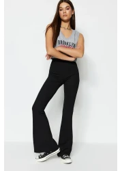  Collection Black Ribbed Flare / Flare Leg High Waist Stretchy Knitted Leggings Trousers TWOSS23PL00135
