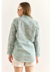 Olalook Women's Green Geometric Scallop Detailed Shirt Gml-19001324