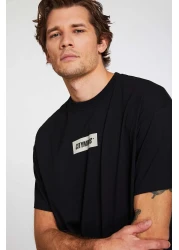 GRIMELANGE Inventıon Men's 100% Organic Cotton Thick Textured Print Detailed Oversize Black T-Shirt