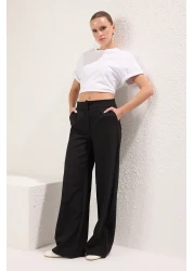  Collection Wide Leg Pleated Black Fabric Trousers - Twoss21Pl0189