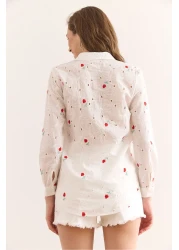 Olalook قميص نسائي من القطن باللون الأبيض والأحمر مزين بالزهور GML-19001326
