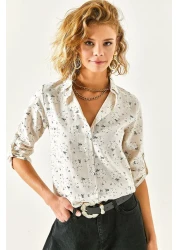 Olalook قميص كتان نسائي بيج بأكمام منقوشة بالزهور GML-19000825