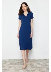  Collection Navy Blue Polo Neck Skater/Waist Opened Cotton Stretchy Knitted Midi Dress TWOSS24EL00480