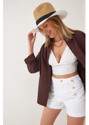 Happiness İstanbul قميص أساسي طويل بني كبير الحجم للنساء DD00842