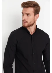  Collection قميص أسود بقصة ضيقة مع كتاف - كم طويل، 100% قطن، TMNSS20GO0189