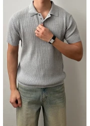 Tarz Cool تي شيرت تريكو بياقة بولو بأزرار رمادية اللون للرجال